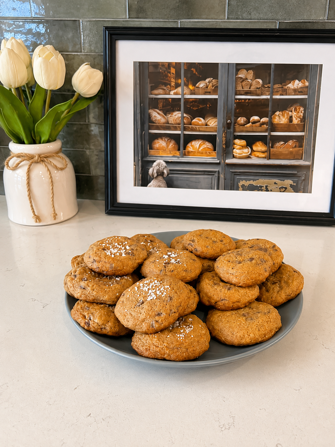 Plate of fresh-baked chocolate chip cookies with sea salt, Kneadful Bread Co.