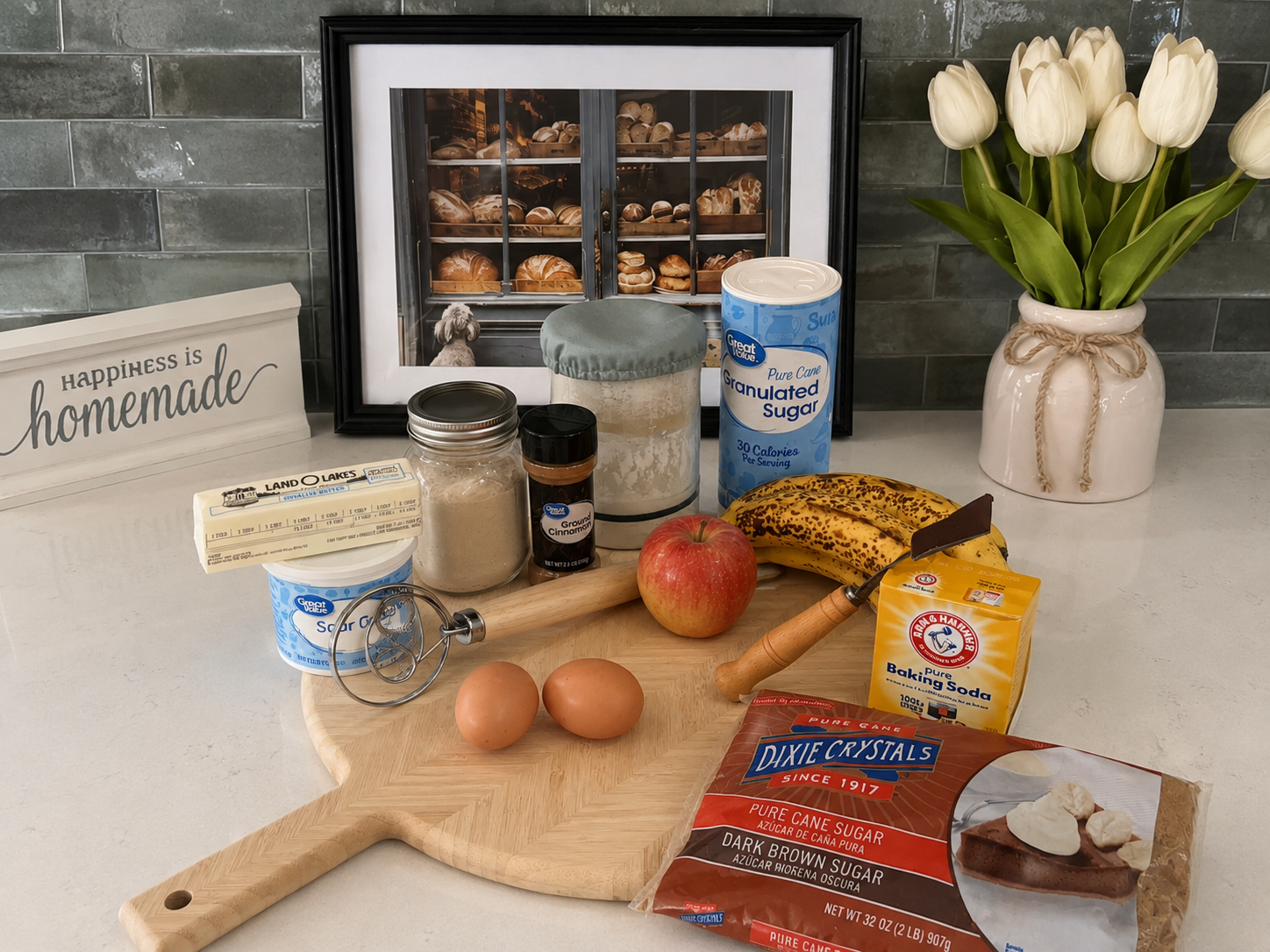 Fresh ingredients laid out on a wooden board prepping apple cinnamon fritters