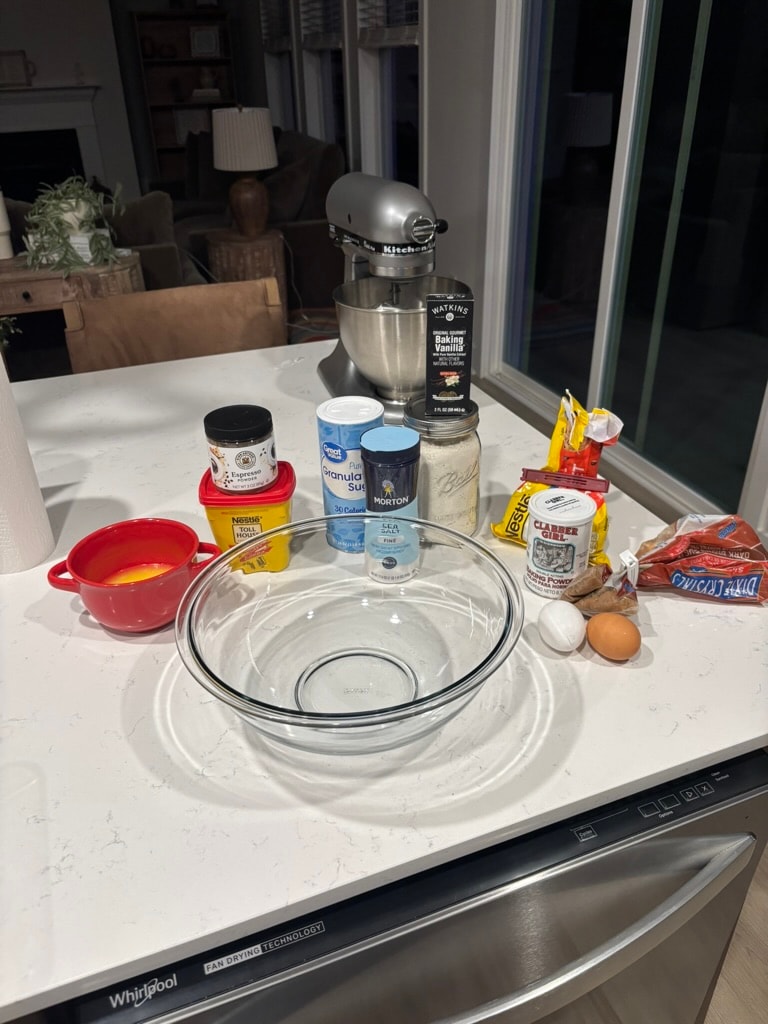 Dry ingredients in a bowl before mixing brownies, Kneadful Bread Co.